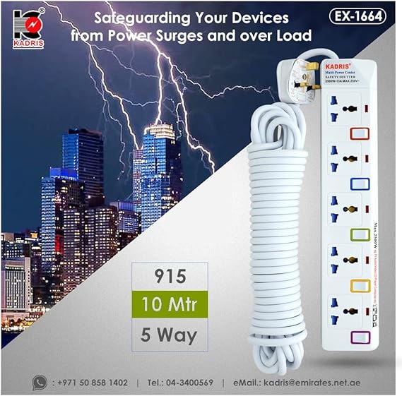 Kadris Power Strips 915 Heavy Duty Extension Cord with 4 Way Outlets and Individual Switch, 10 Meter Length, White