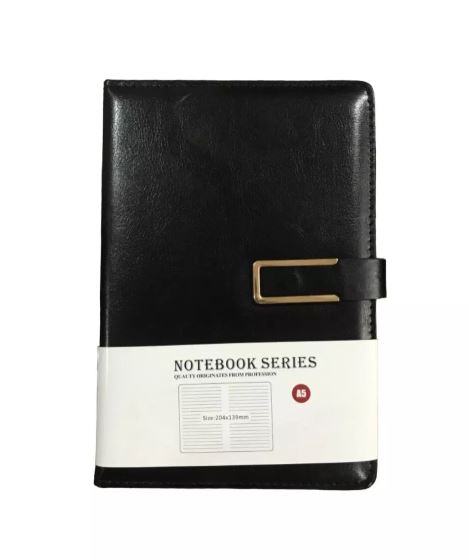 Elegant Black Leather Diary with Gold Buckle – Lined Journal for Notes and Memos